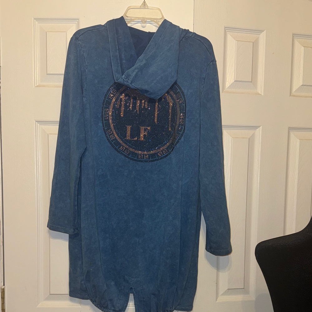 Blue Zip-Up Jacket with Rhinestone Design - Picture 10 of 11